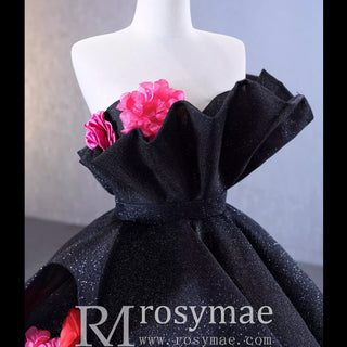 Black 3D Flowers Ball Gown Sparkly  Wedding Dress with Puffy Skirt