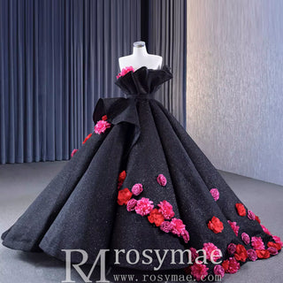 Black 3D Flowers Ball Gown Sparkly  Wedding Dress with Puffy Skirt