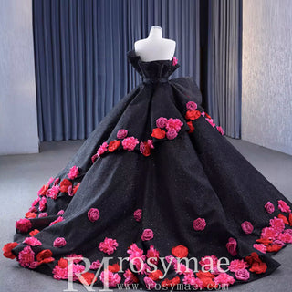 Black 3D Flowers Ball Gown Sparkly  Wedding Dress with Puffy Skirt