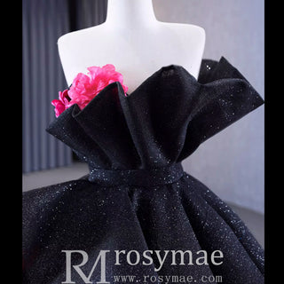 Black 3D Flowers Ball Gown Sparkly  Wedding Dress with Puffy Skirt