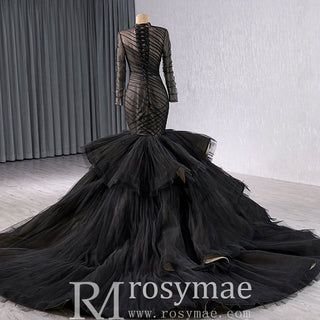 Long Sleeve Black Trumpet O-neck Wedding Dress Ruffle Pageant Gown