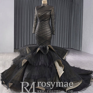 Long Sleeve Black Trumpet O-neck Wedding Dress Ruffle Pageant Gown