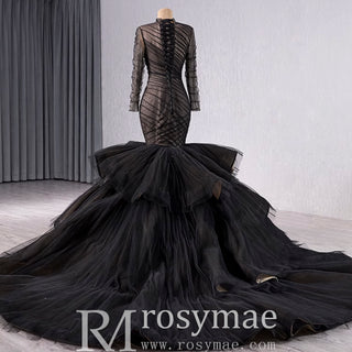 Long Sleeve Black Trumpet O-neck Wedding Dress Ruffle Pageant Gown