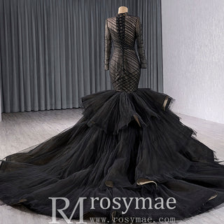 Long Sleeve Black Trumpet O-neck Wedding Dress Ruffle Pageant Gown