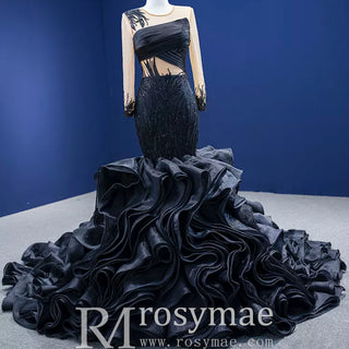 High-end Black Wedding Dress Prom Gown with Long Sleeve