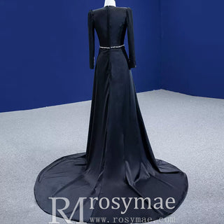 Beaded Black Satin Sheath Formal Prom Dress with Long Sleeve