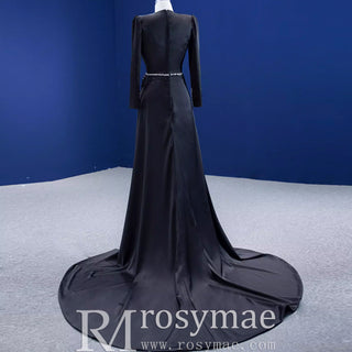 Beaded Black Satin Sheath Formal Prom Dress with Long Sleeve