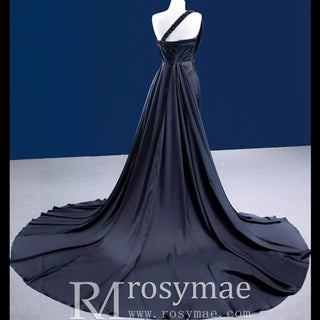 One Shoulder Black Fit and Flare Satin Wedding Dress with Beading