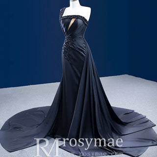 One Shoulder Black Fit and Flare Satin Wedding Dress with Beading