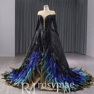 Black Sequin Wedding Gown Long Sleeve Quinceanera Dress with Feather