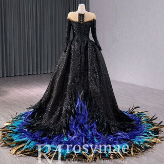 Black Sequin Wedding Gown Long Sleeve Quinceanera Dress with Feather