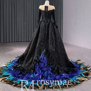 Black Sequin Wedding Gown Long Sleeve Quinceanera Dress with Feather