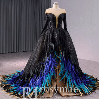 Black Sequin Wedding Gown Long Sleeve Quinceanera Dress with Feather