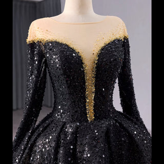 Black Sequin Wedding Gown Long Sleeve Quinceanera Dress with Feather