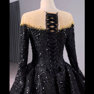 Black Sequin Wedding Gown Long Sleeve Quinceanera Dress with Feather