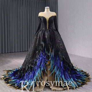 Black Sequin Wedding Gown Long Sleeve Quinceanera Dress with Feather