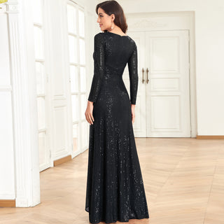 Long Sleeve V-Neck Fit Maxi Formal Gown Evening Dress For Women