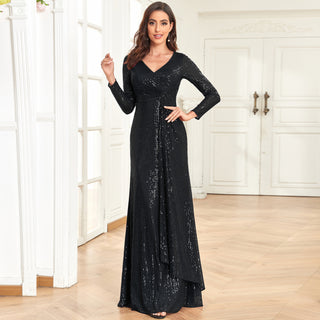 Long Sleeve V-Neck Fit Maxi Formal Gown Evening Dress For Women