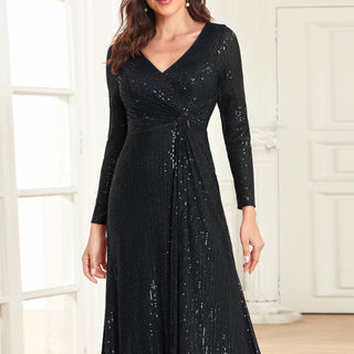 Long Sleeve V-Neck Fit Maxi Formal Gown Evening Dress For Women