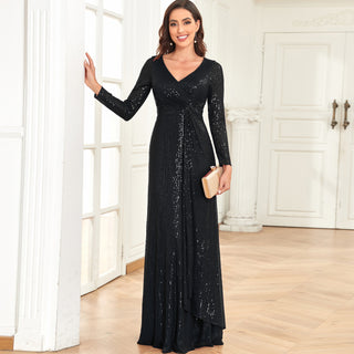 Long Sleeve V-Neck Fit Maxi Formal Gown Evening Dress For Women