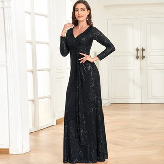 Long Sleeve V-Neck Fit Maxi Formal Gown Evening Dress For Women