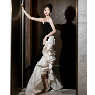 Elegant Black & White Sheath Formal Evening Leg Split Prom Dress