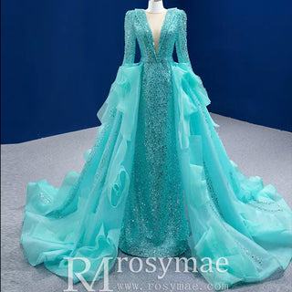 Sparkly Beaded Turquoise Prom Dresses with Detachable Overskirt