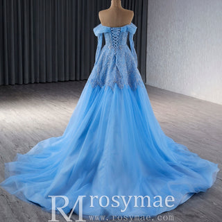 Sky Blue Wedding Dress Long Sleeve Off the Shoulder Formal Dress