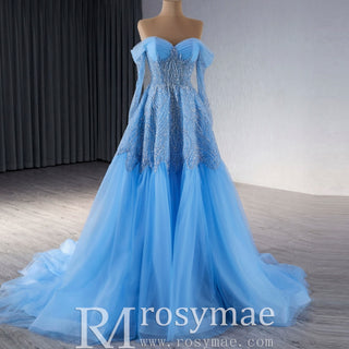 Sky Blue Wedding Dress Long Sleeve Off the Shoulder Formal Dress