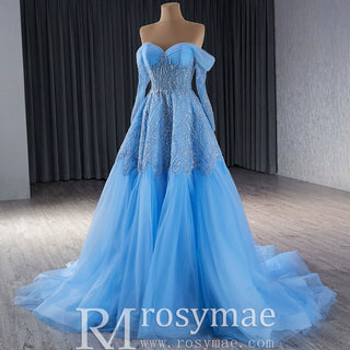 Sky Blue Wedding Dress Long Sleeve Off the Shoulder Formal Dress