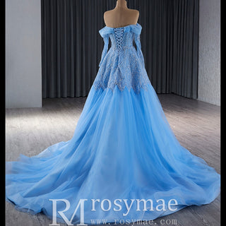 Sky Blue Wedding Dress Long Sleeve Off the Shoulder Formal Dress