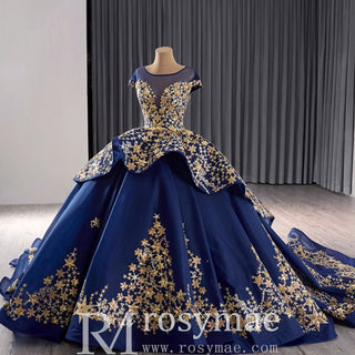 Gold Star Ruffle Wedding Dress with Cap Sleeve Quinceanera Gown