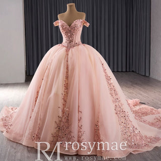 Off the Shoulder Blush Ruffle Wedding Dress with Detachable Overskirt