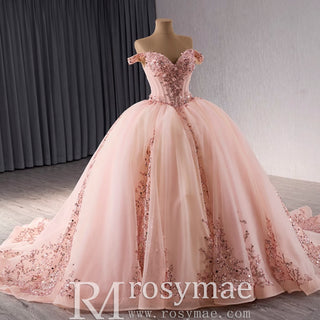 Off the Shoulder Blush Ruffle Wedding Dress with Detachable Overskirt