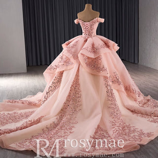 Off the Shoulder Blush Ruffle Wedding Dress with Detachable Overskirt