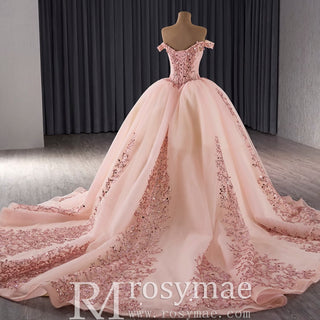 Off the Shoulder Blush Ruffle Wedding Dress with Detachable Overskirt