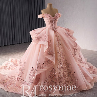 Off the Shoulder Blush Ruffle Wedding Dress with Detachable Overskirt