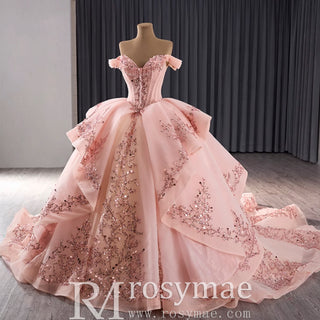 Off the Shoulder Blush Ruffle Wedding Dress with Detachable Overskirt