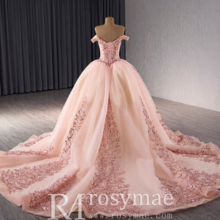 Off the Shoulder Blush Ruffle Wedding Dress with Detachable Overskirt