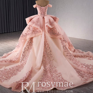 Off the Shoulder Blush Ruffle Wedding Dress with Detachable Overskirt