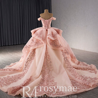 Off the Shoulder Blush Ruffle Wedding Dress with Detachable Overskirt