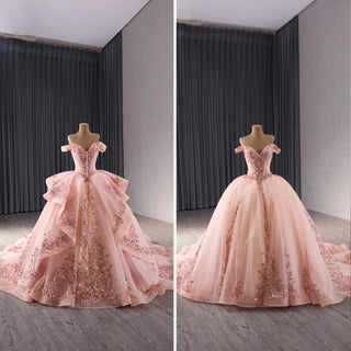 Off the Shoulder Blush Ruffle Wedding Dress with Detachable Overskirt