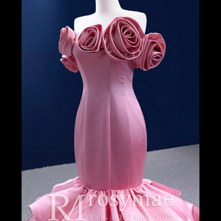 Off the Shoulder Trumpet Pink Prom Dress with Handmade Flowers
