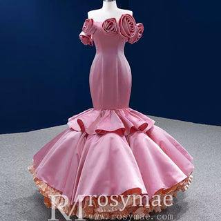 Off the Shoulder Trumpet Pink Prom Dress with Handmade Flowers