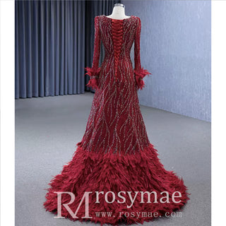 Burgundy Long Sleeves Feathers Evening Gown Square Neck Beaded Prom Dress