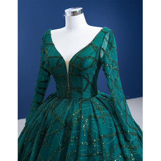 Fashion Long Sleeves Ball Gown Green Deep V Neck Prom Dress