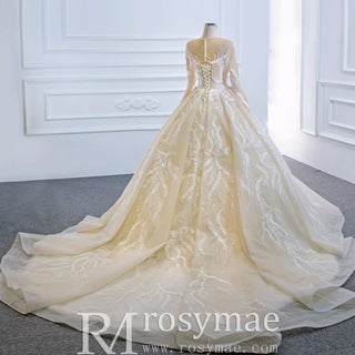 Long Sleeve Champagne Puffy Wedding Dress with Long Sleeve