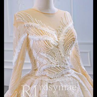 Long Sleeve Champagne Puffy Wedding Dress with Long Sleeve