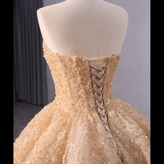 Champagne Gold Beaded Floral Lace Wedding Gown Quinceanera Dress