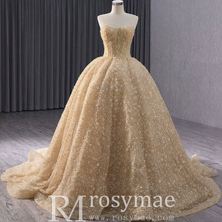 Champagne Gold Beaded Floral Lace Wedding Gown Quinceanera Dress